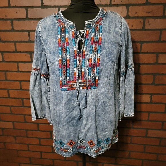 Sharon Young Tops - Sharon Young Denim Peasant Style top with Embroidery.  Size Med.